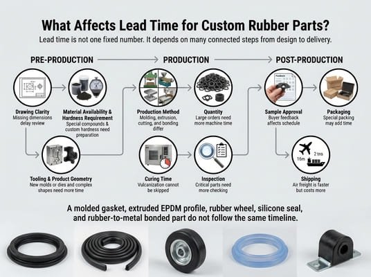 Custom rubber parts lead time infographic, showing pre-production, production, and post-production factors that affect delivery schedule