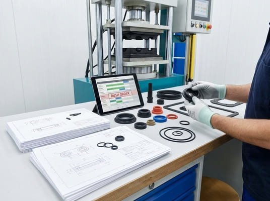 Rush order workflow for custom rubber parts, showing drawings, molded seals, press equipment, and priority production handling