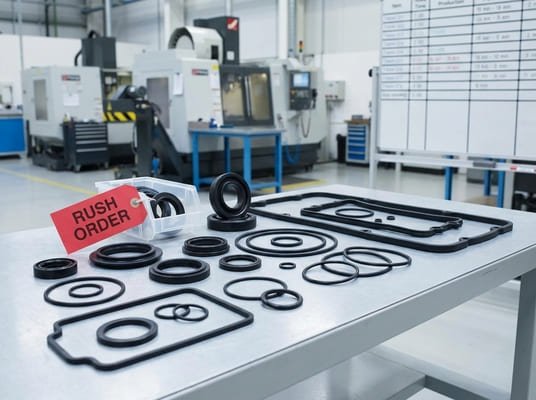 Rush order rubber parts on a factory table, showing O-rings, gaskets, molded seals, and priority production status in a workshop