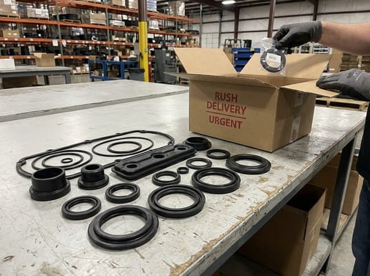 Urgent delivery packing for custom rubber parts, with O-rings, gaskets, molded seals, and a rush shipment box in a warehouse