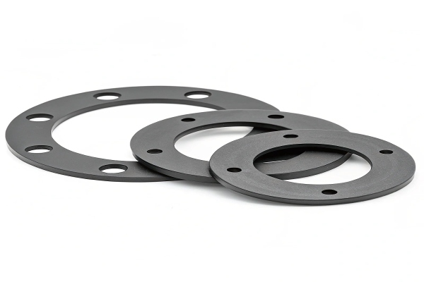 EPDM Rubber gaskets, three black circular gaskets with holes for industrial use