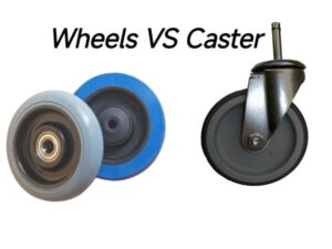 A side-by-side image comparison of rubber wheels and a caster wheel with metal housing, highlighting their differences in design and functionality.