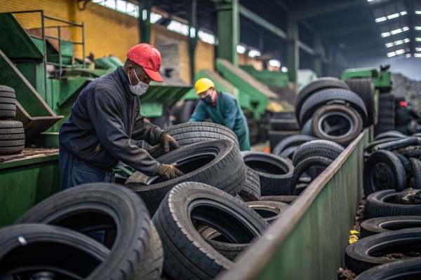 Workers processing rubber in a recycling plant, showcasing the complexity of rubber recycling.