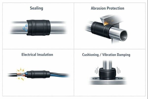 Rubber sleeve applications infographic, shows sealing on pipe joint, abrasion protection, electrical insulation and vibration damping.