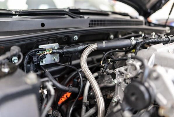 Rubber sleeve on automotive wiring harness, under-hood engine bay close-up, protects cable near connectors from chafing.