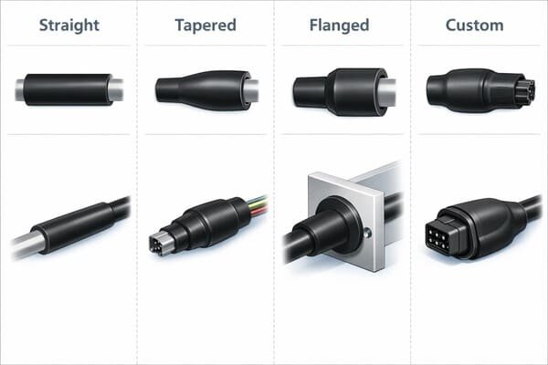 Rubber sleeve types chart, straight tapered flanged custom boots, shows cable and pipe examples for sealing and strain relief.