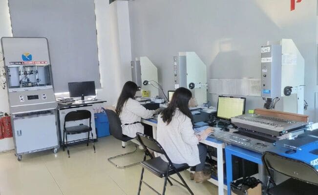 Two workers are testing rubber parts by equipment