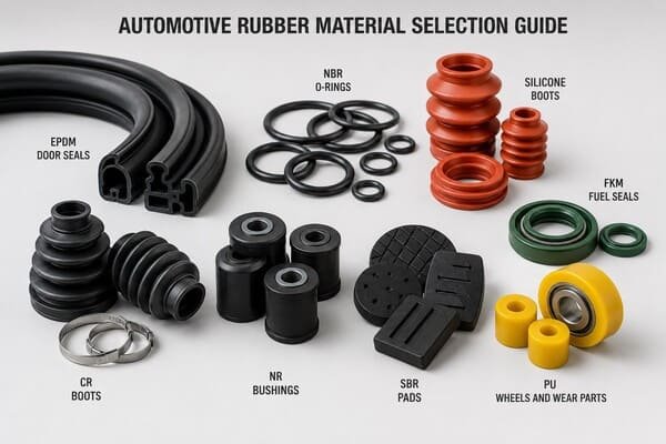 Automotive rubber material selection guide, EPDM door seals, NBR O-rings, silicone boots, FKM fuel seals and PU wheels.