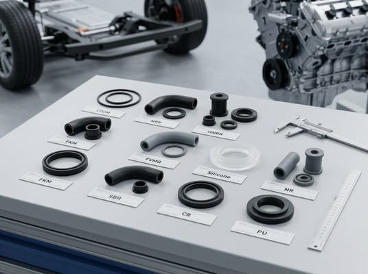 Automotive rubber materials, EPDM, NBR, HNBR, FKM, silicone, NR and PU samples arranged for vehicle sealing parts.
