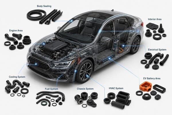 Automotive rubber parts by vehicle system, body sealing, engine, cooling, fuel, chassis, HVAC and EV battery areas.