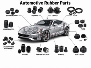 Automotive rubber parts, car diagram showing grommets, bushings, mounts, seals, plugs and dust covers.