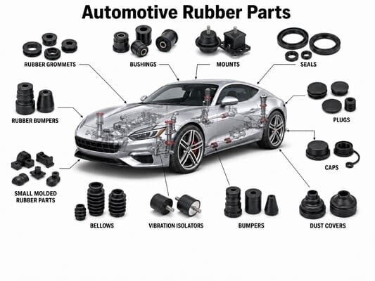 Automotive rubber parts, car diagram showing grommets, bushings, mounts, seals, plugs and dust covers.