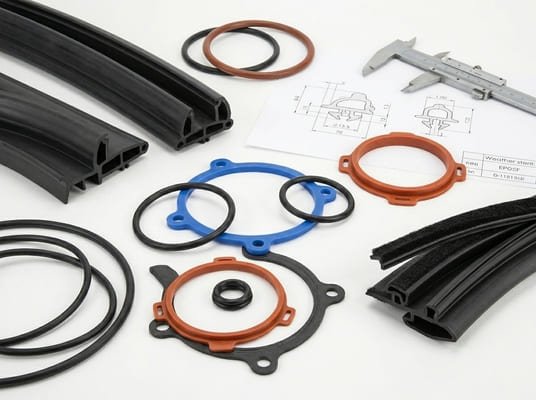 Custom automotive rubber gaskets, sealing profiles and colored O-rings displayed with caliper and engineering drawing.