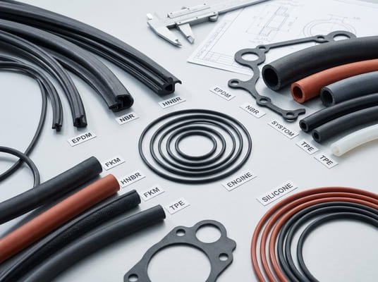 Automotive seal material selection, EPDM, NBR, HNBR, FKM, silicone and TPE profiles shown with technical drawing.