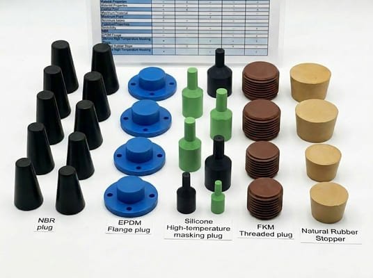 Rubber plug material selection, NBR, EPDM, silicone, FKM and natural rubber plugs arranged for industrial use.