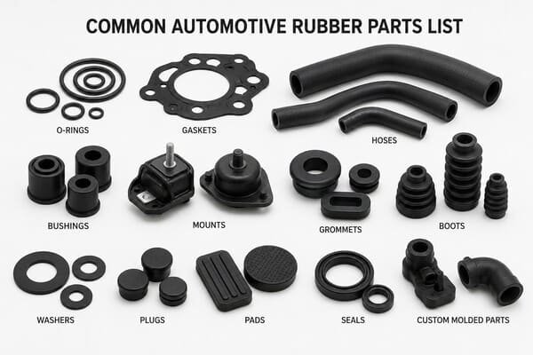 Automotive rubber parts list, O-rings, gaskets, hoses, bushings, mounts, grommets, boots and seals displayed.