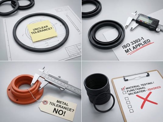 Common mistakes with ISO 3302-1, showing rubber parts, drawings, caliper checks, tight tolerances, and material testing examples