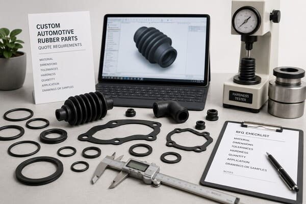 Custom automotive rubber parts quote, bellows, gaskets, O-rings, caliper, CAD model and hardness tester on desk.
