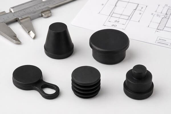 Rubber plugs, black tapered and pull-tab designs on engineering drawings with caliper for custom sizing.