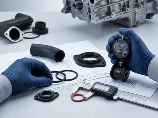 Automotive rubber selection, engineer testing Shore A hardness of rubber seals, hoses and O-rings on drawing.