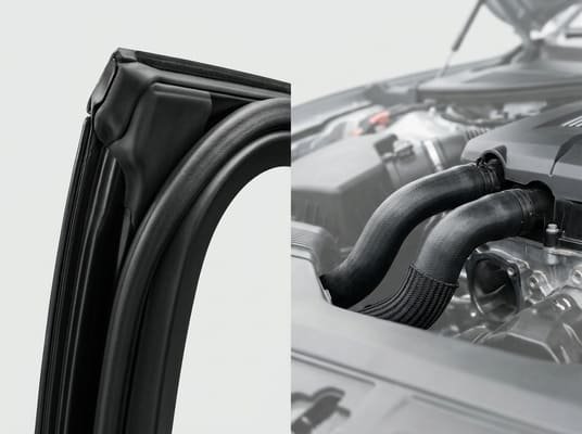 EPDM weatherstrips and hoses, black rubber door seal and engine hose shown for automotive sealing applications.