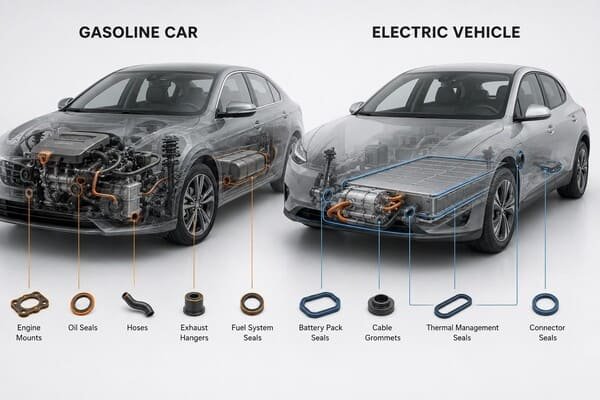 Gasoline car and electric vehicle rubber parts, engine seals, hoses, battery pack seals and cable grommets compared.