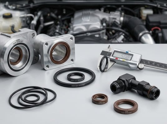 HNBR and FKM automotive seals, O-ring and oil seal inspection with caliper near engine testing components.