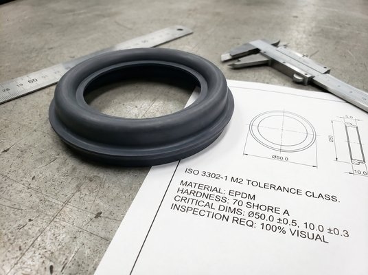 ISO 3302-1 M2 tolerance specification for an EPDM rubber seal, with drawing, critical dimensions, hardness, and caliper tools