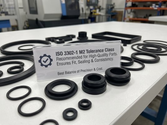 ISO 3302-1 M2 tolerance class guide, showing rubber seals recommended for high-quality parts with balanced precision and cost