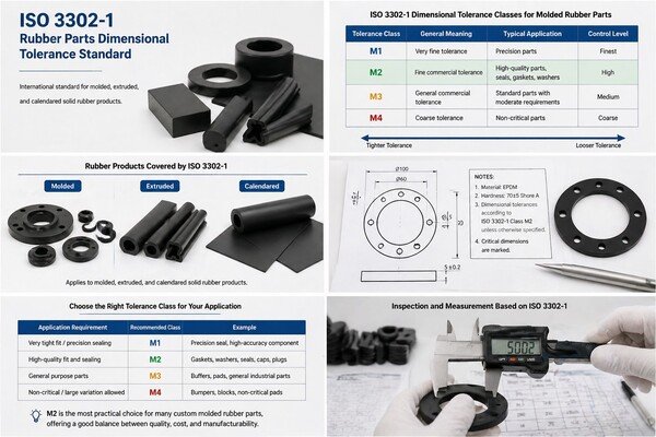 ISO 3302-1 rubber parts dimensional tolerance standard infographic, showing molded rubber products, M1 to M4 classes, drawing notes, and caliper inspection