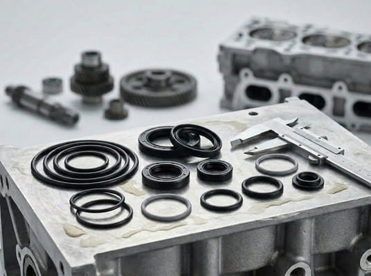 NBR O-rings and oil seals, black rubber gaskets arranged on engine block for automotive sealing inspection.