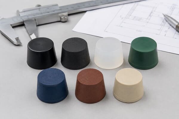 Rubber plugs, colored tapered masking plugs in multiple materials shown with caliper and technical drawing.