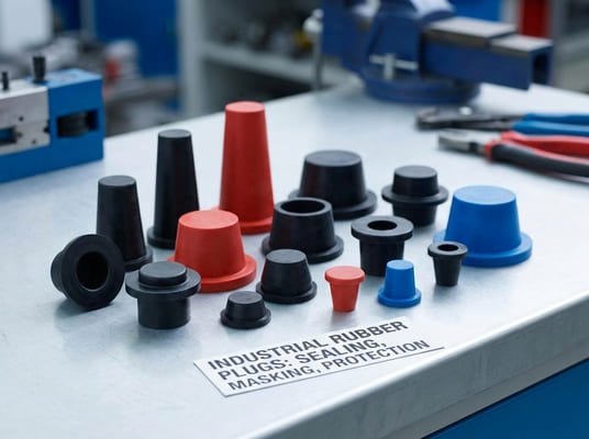 Industrial rubber plugs, red black and blue sealing and masking plugs displayed on workshop table.