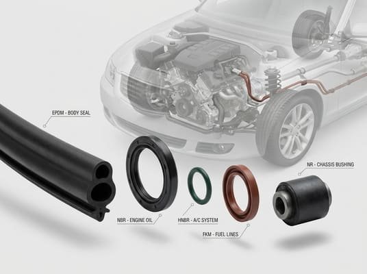Automotive rubber material map, EPDM body seal, NBR oil seal, HNBR A/C ring, FKM fuel seal and NR bushing.