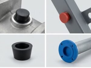 Rubber plug applications, sealing cap, masking plug, sleeve plug and flange pipe cover in four-panel layout.