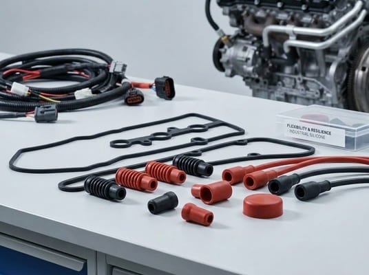 Silicone rubber automotive parts, high-temperature caps, gaskets and wiring seals displayed near engine harness.