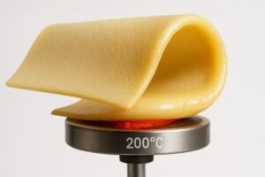 Yellow rubber sheet bending over a heated surface at 200°C, demonstrating heat resistance and thermal deformation of rubber material.