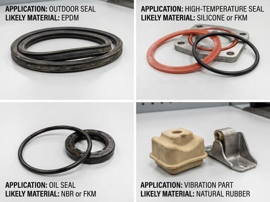 Application clues for identifying rubber materials, showing outdoor seals, high-temperature seals, oil seals, and vibration parts with likely polymer choices