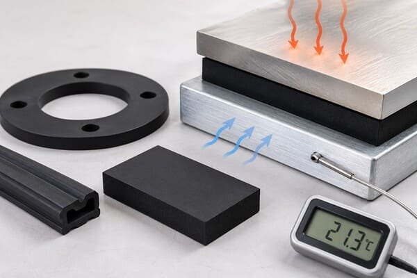 Thermal conductivity of butyl rubber materials, showing black rubber samples beside heated metal plates and a digital temperature display