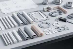 Custom silicone sponge profiles and gaskets, extruded seals die cut parts and molded shapes displayed with drawings and caliper