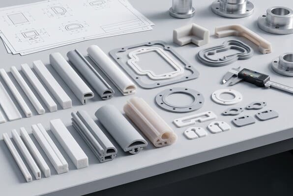 Custom silicone sponge profiles and gaskets, extruded seals die cut parts and molded shapes displayed with drawings and caliper