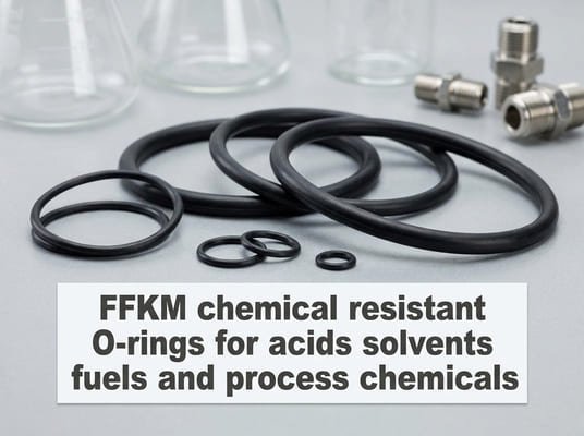 FFKM chemical resistant O-rings, black seals with lab glassware and metal fittings for acids and solvents.
