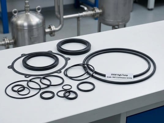 FFKM high-temperature O-rings, black seals on industrial lab bench for 300°C chemical process sealing.