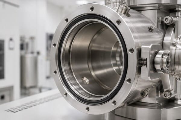FFKM O-ring seal installed in stainless steel vacuum chamber flange for high-temperature industrial sealing.