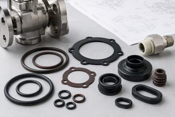 FFKM sealing components, valve hardware and custom O-rings on engineering drawings for industrial seal selection.