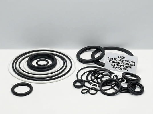 FFKM O-rings and custom molded seals arranged on a clean white surface for industrial sealing applications.