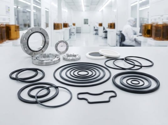 FFKM semiconductor seals, O-rings and flange gaskets on cleanroom bench for low-contamination wafer processing.