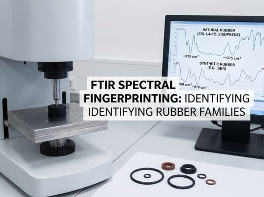 FTIR spectral fingerprinting for identifying rubber families, with rubber samples, test instrument, and spectra comparing natural and synthetic rubber