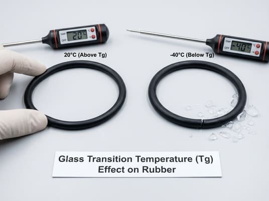 Glass transition temperature effect on rubber, comparing a flexible O-ring at 20 degrees Celsius with a cracked O-ring at minus 40