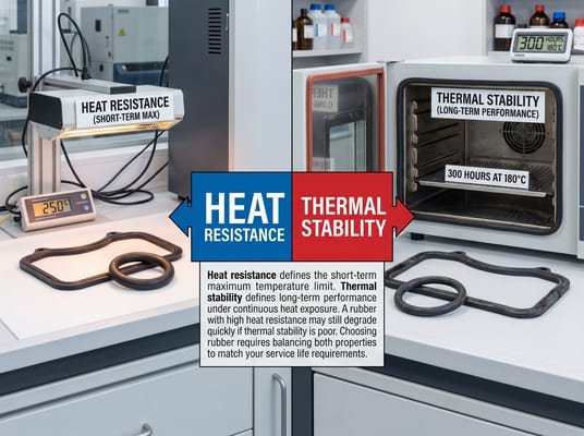 Heat resistance vs thermal stability comparison for rubber seals, showing short-term heat exposure and long-term oven aging performance